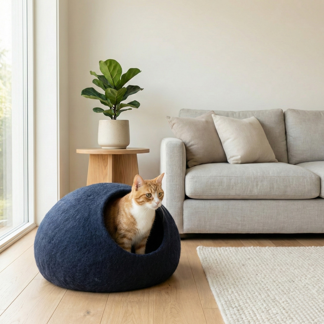Dark Blue Minimalist Wool Felt Cat Cave