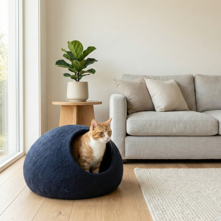 Dark Blue Minimalist Wool Felt Cat Cave