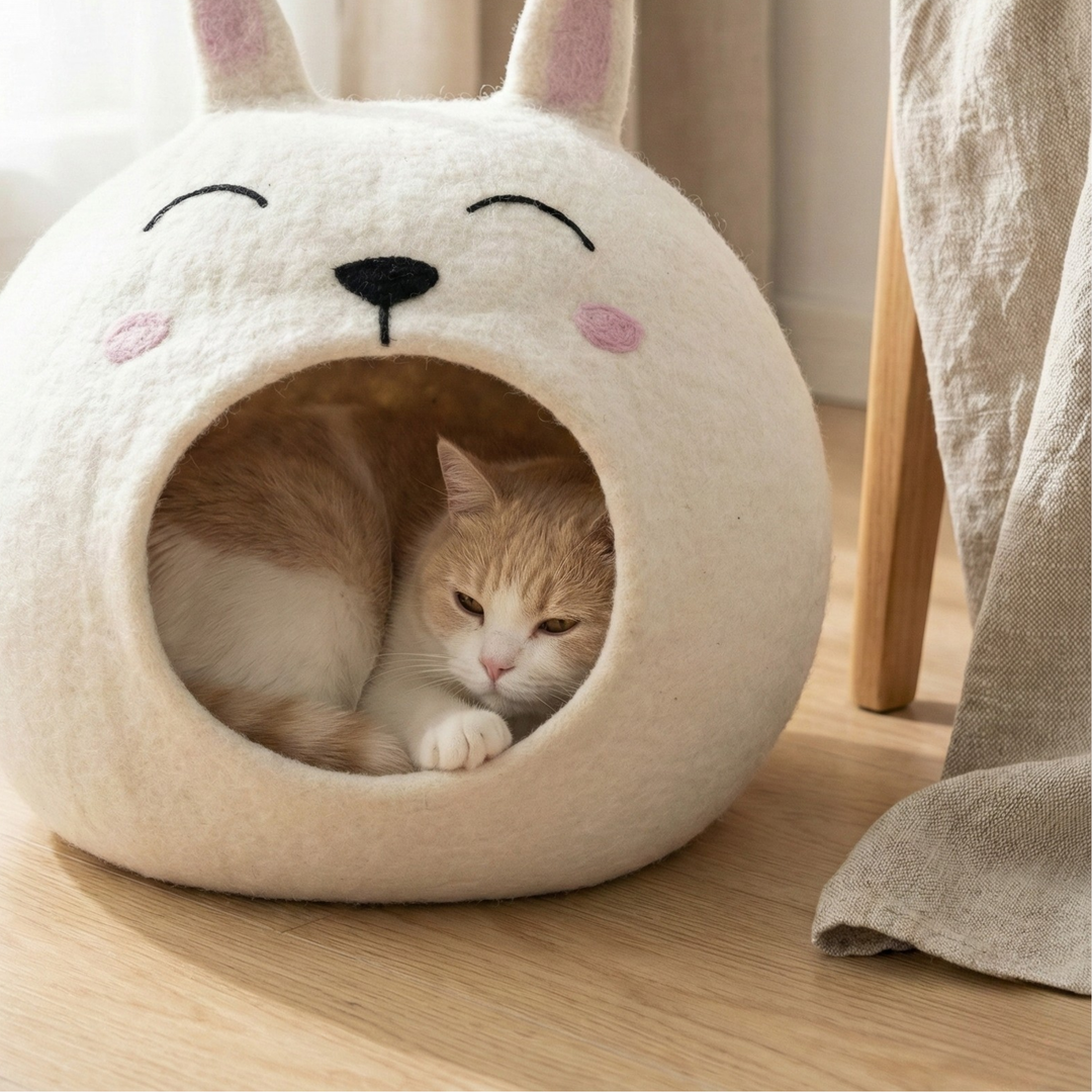 White Easter Bunny Wool Felt Cat Cave
