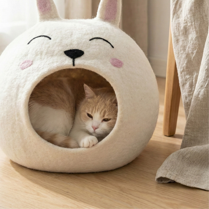 White Easter Bunny Wool Felt Cat Cave