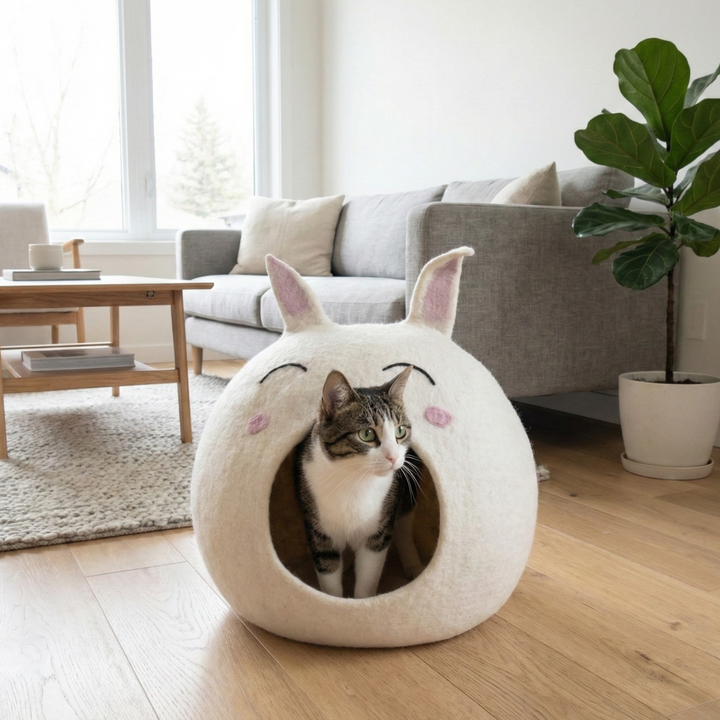 White Easter Bunny Wool Felt Cat Cave