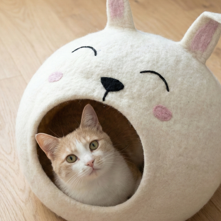 White Easter Bunny Wool Felt Cat Cave
