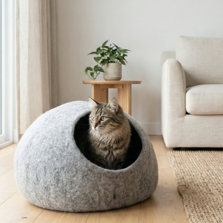 Grey Wool Felt Cat Bed