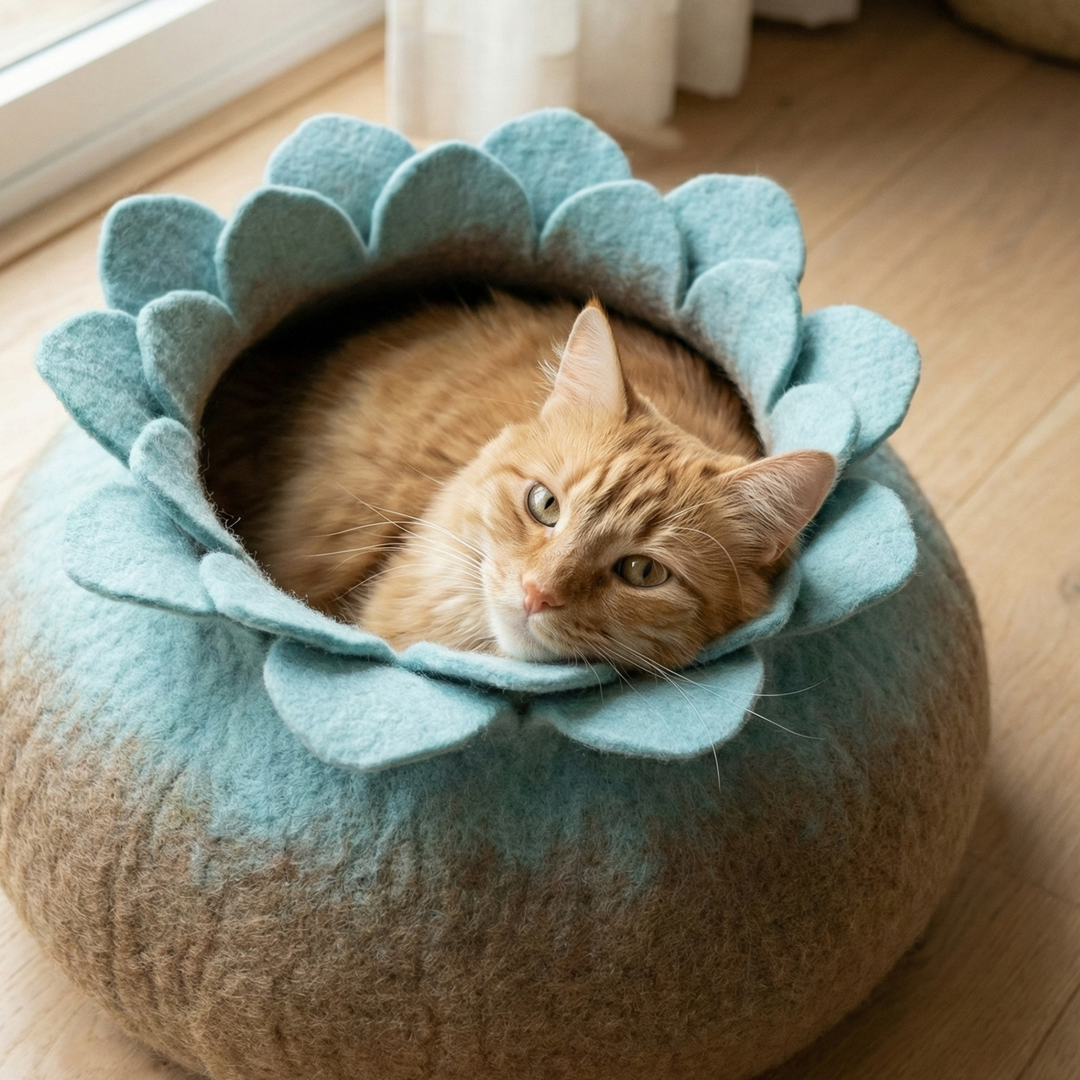 Lotus Flower Handmade Wool Felt Cat Cave