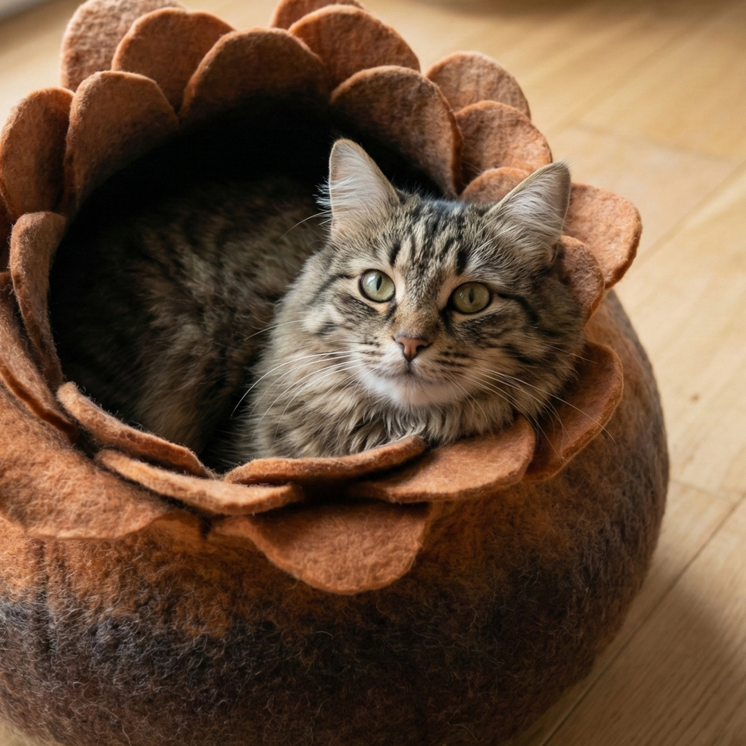 Lotus Flower Handmade Wool Felt Cat Cave