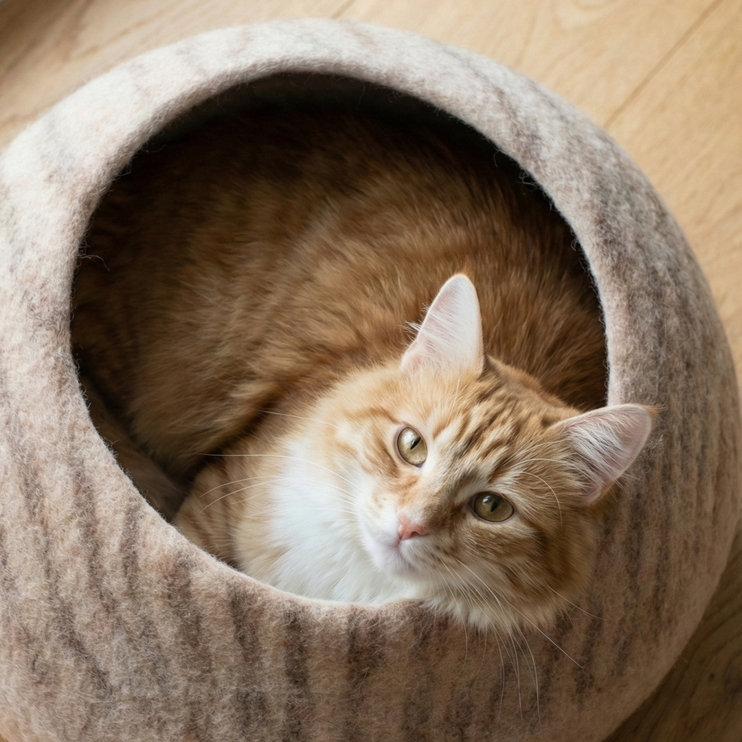 Natural Striped Wool Felt Cat Cave