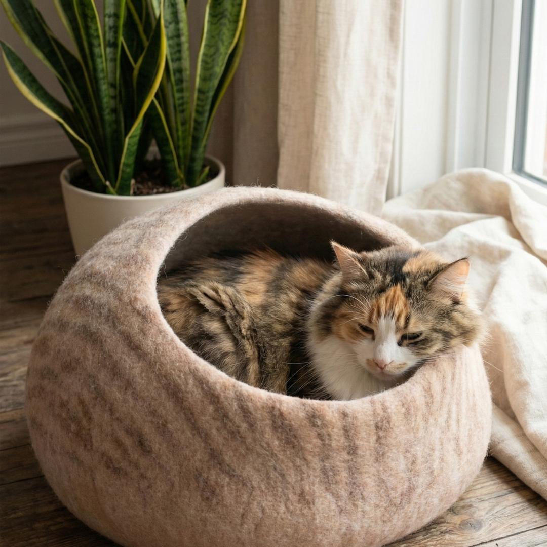 Natural Striped Wool Felt Cat Cave