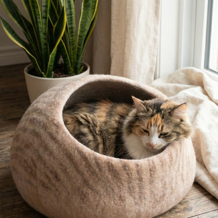 Natural Striped Wool Felt Cat Cave