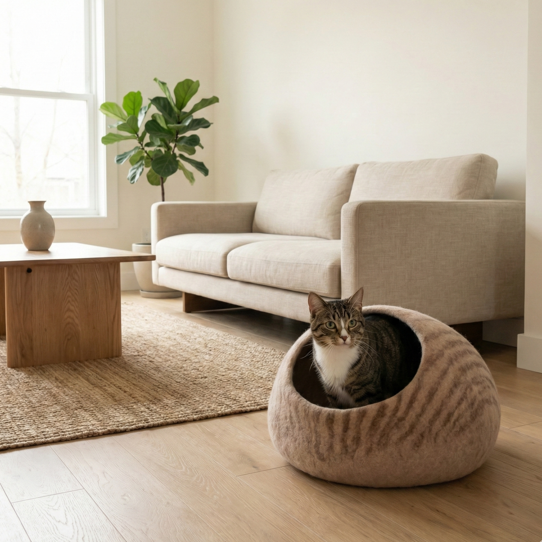 Natural Striped Wool Felt Cat Cave