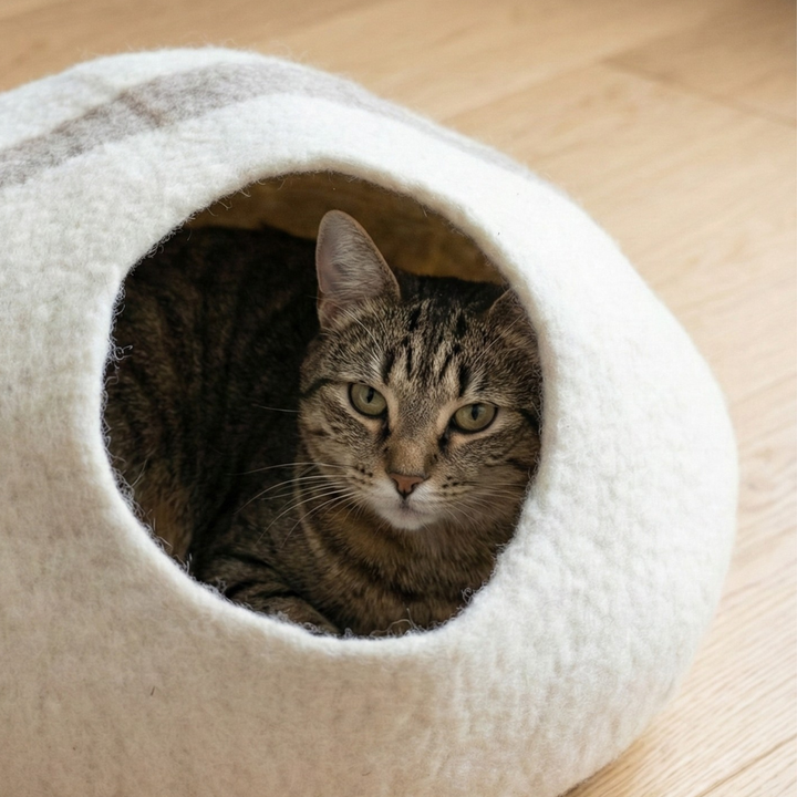 Brown Striped Wool Felt Cat Cave