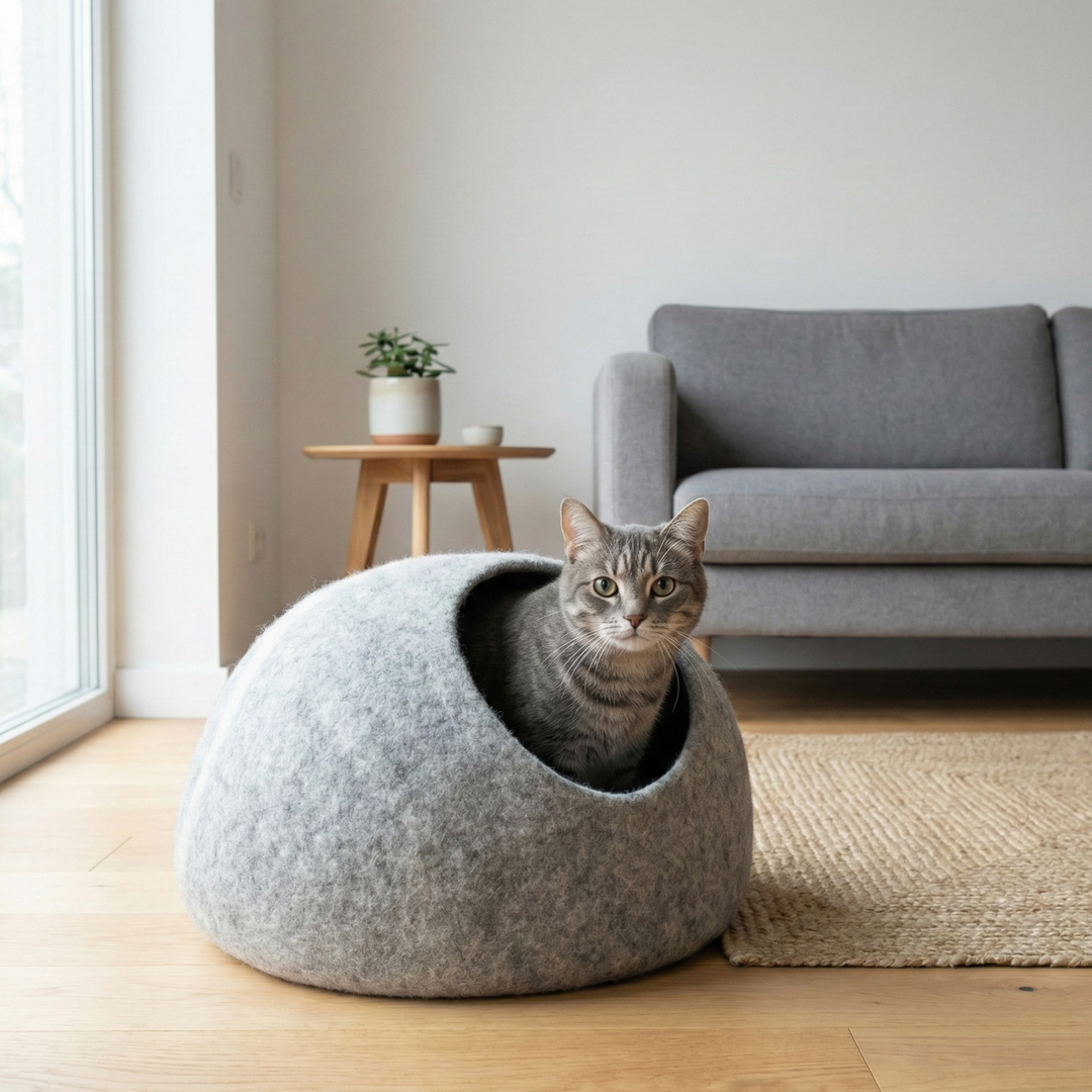 White Striped Wool Felt Cat Cave