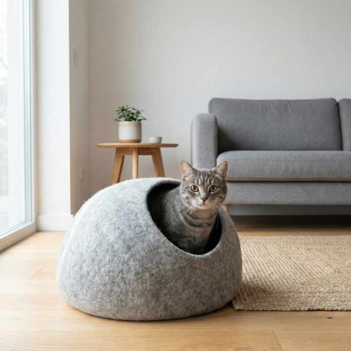 White Striped Wool Felt Cat Cave