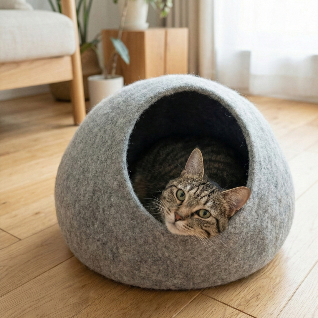 White Striped Wool Felt Cat Cave