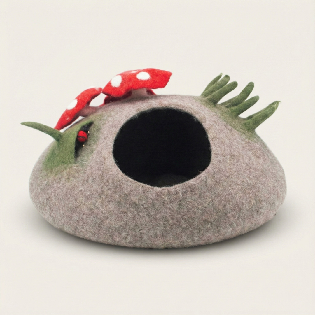 Wool Felt Cat Cave With Mini Mushrooms