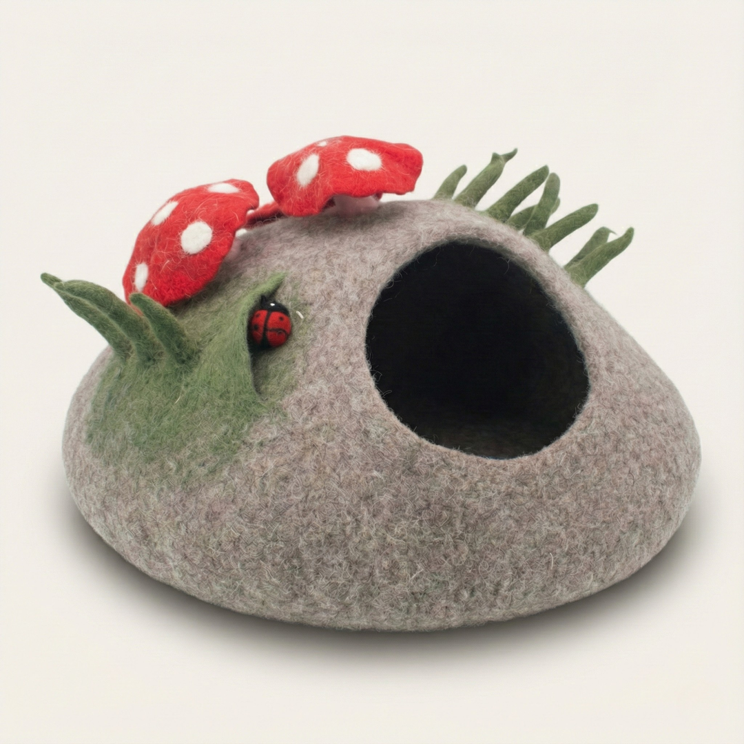 Wool Felt Cat Cave With Mini Mushrooms