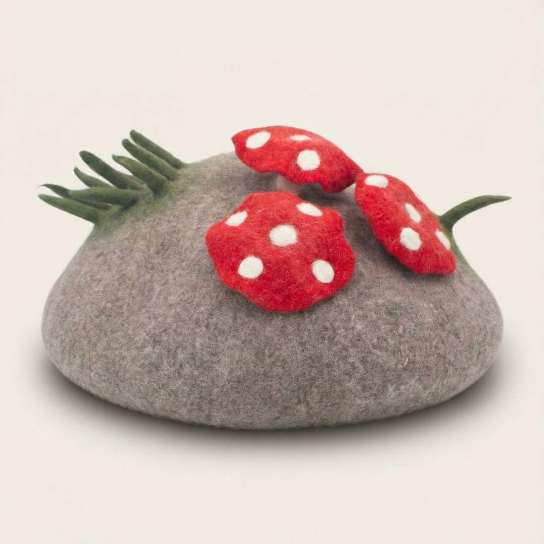 Wool Felt Cat Cave With Mini Mushrooms