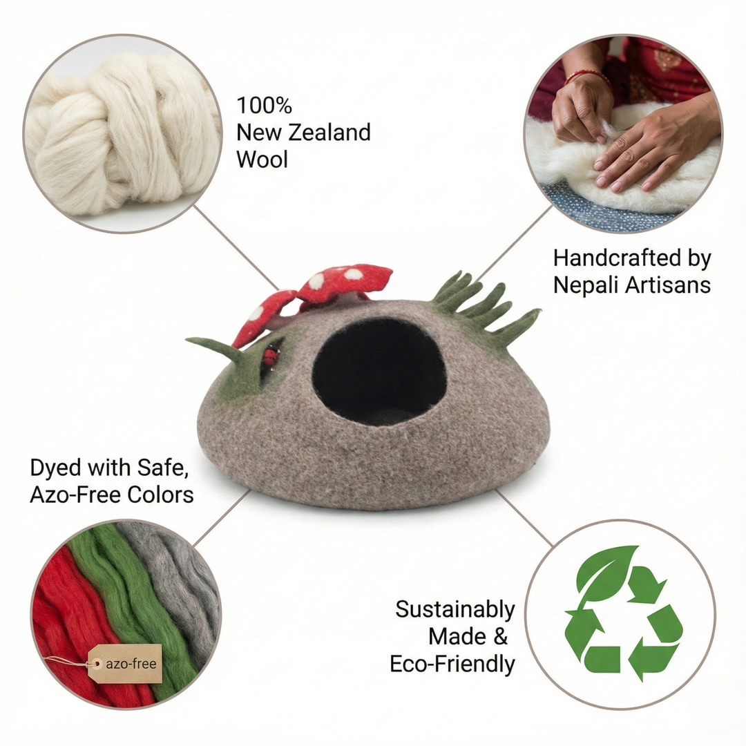 Wool Felt Cat Cave With Mini Mushrooms