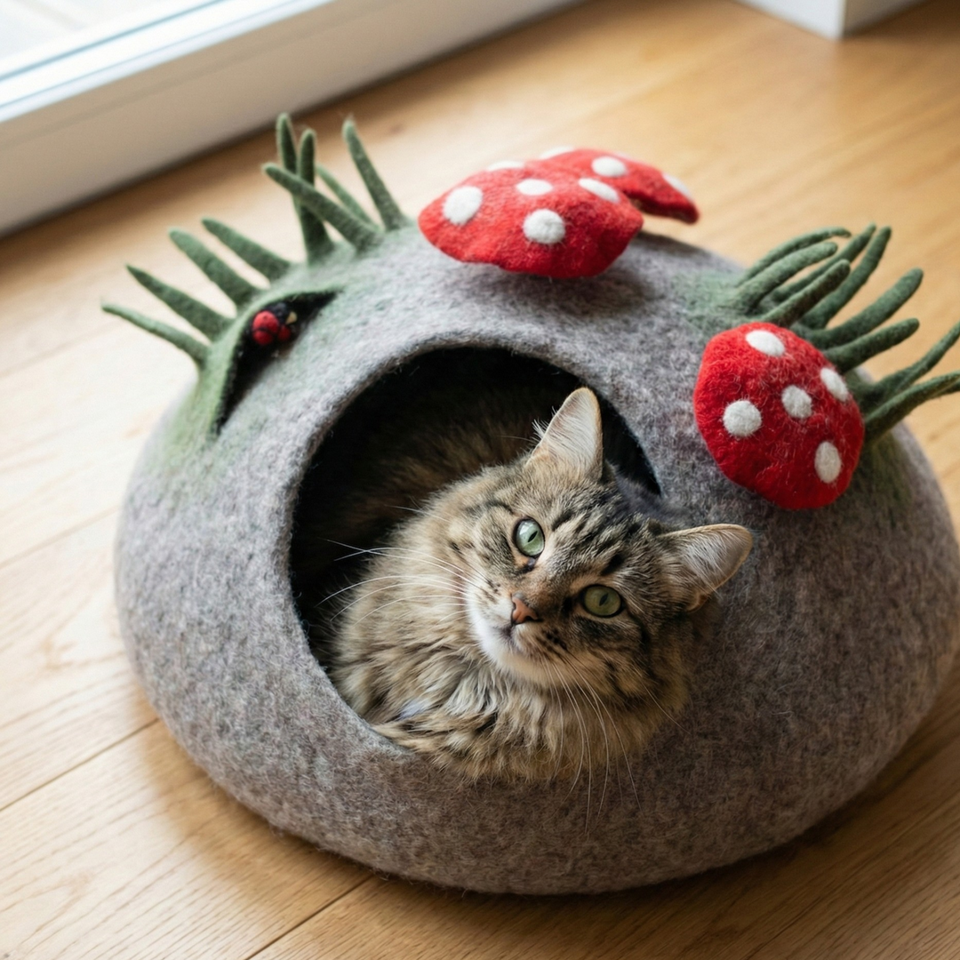 Wool Felt Cat Cave With Mini Mushrooms