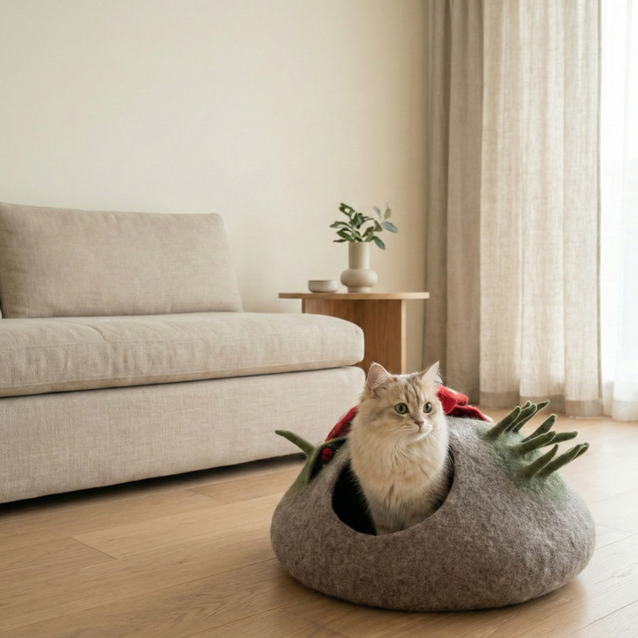 Wool Felt Cat Cave With Mini Mushrooms